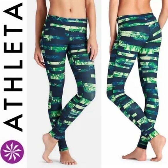 Athleta Floral Flow Chaturanga Leggings Yoga Tight Blue Green Striped 243155 S - Picture 2 of 13